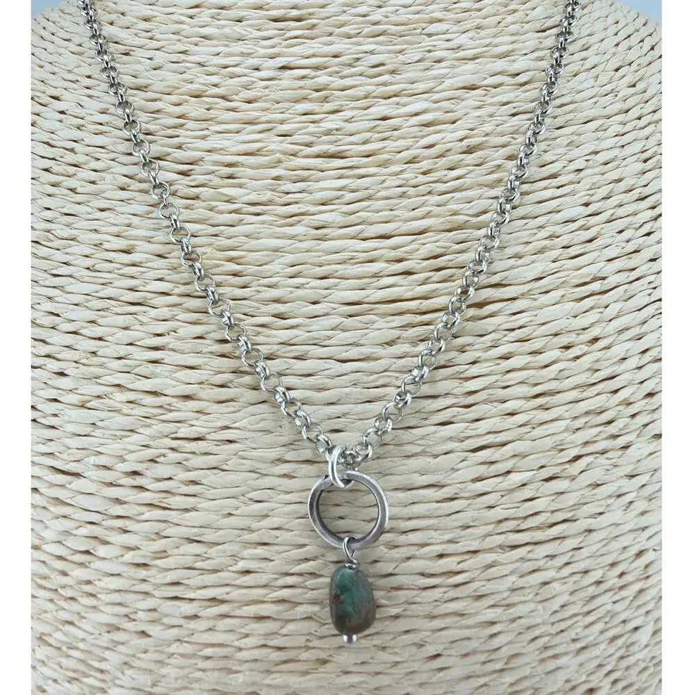 Artisan Made Sterling Silver Circle Pendant Necklace with Jasper and Turquoise